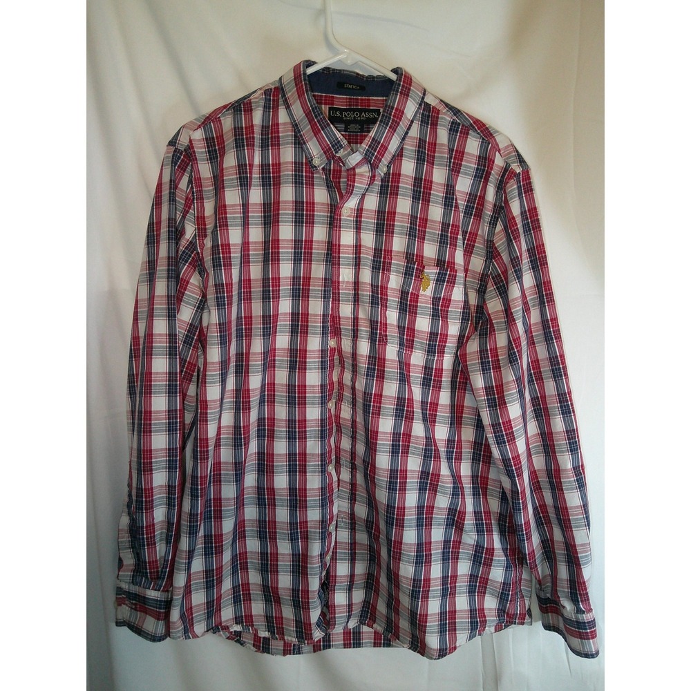 U.S. Polo Assn. Plaid Stretch Button Down Shirt Long Sleeve Red White L